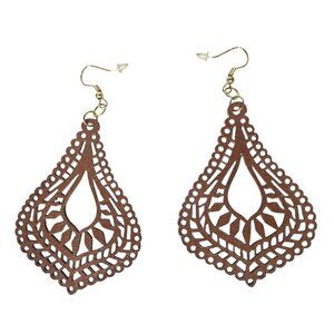 Filigree Teardrop Brown Leather Cutout Earrings Boho